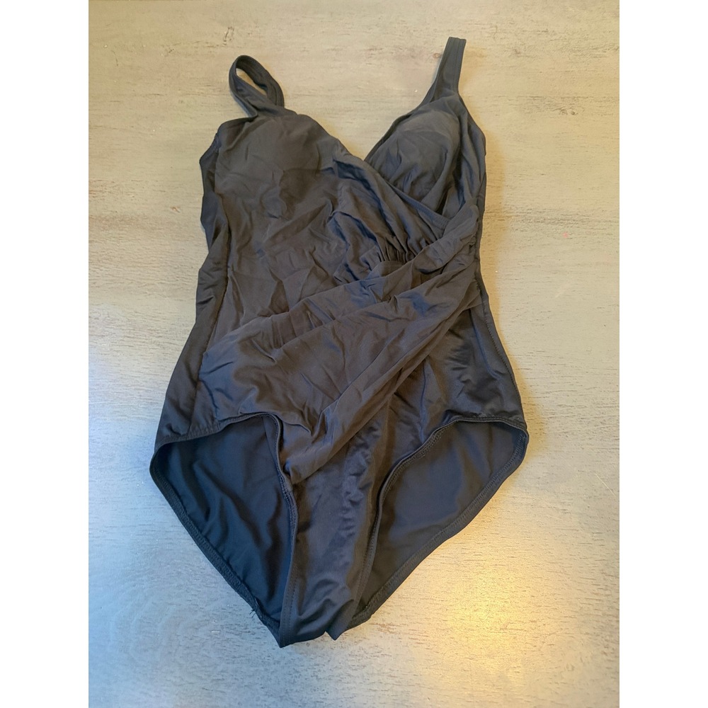 Miraclesuit Womens Black Surplice Wrap One Piece Swimsuit Size 10